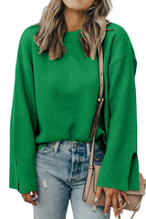 Dark Green Textured Knit Split Cuff Drop Shoulder Loose Sweater