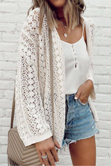 Black Hollow Out Crochet Knit Drop Shoulder Open Front Cardigan