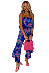 Blue Boho Tropical Print Ruffle Overlay Strapless Flared Jumpsuit