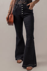 Black High Waist Button Front Flare Jeans