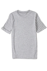 Gray Ribbed Splicing Short Sleeve Round Neck T-shirt