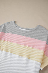 White Ribbed Color Block Patchwork Plus T Shirt