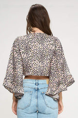 Animal Print Tie-Front Crop Top with Flared Sleeves