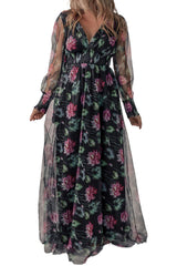 Black Mesh Sheer Shirred High Waist Floral Maxi Dress