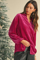 Pitaya Pink Velvet Buttoned V Neck Chest Pocket Shirt