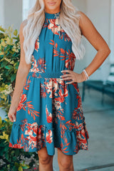 Sky Blue Floral Print Sleeveless Ruffled Mini Dress