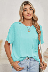 Turquoise Crinkle Rib Knit Pocketed Loose Fit Crew Neck T Shirt