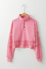 Pink Hollow Embroidery Patchwork Snap Button Sweatshirt