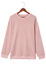 Pink Solid Ribbed Round Neck Pullover Sweatshirt