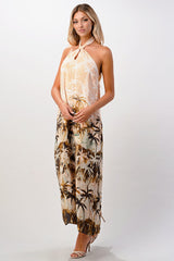 100% Silk Halter Maxi Dress With Palm Tree Printed