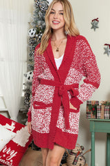 Red Contrast Trim Open Front Belted Long Cardigan