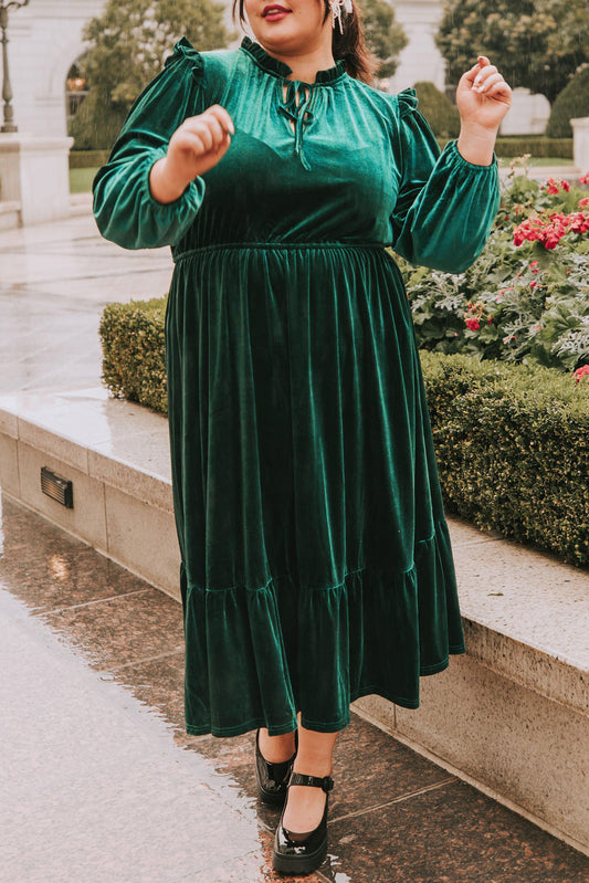 Blackish Green Frill Neck Velvet High Waist Plus Size Dress