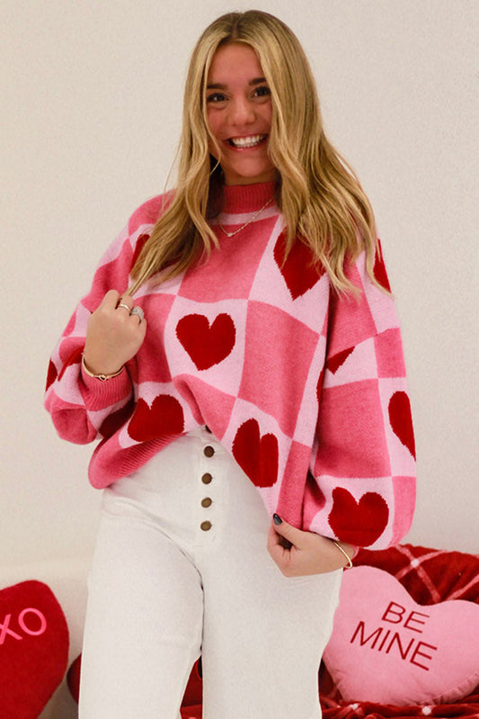 Pink Plus Size Heart Colorblock Mock Neck Lantern Sleeve Sweater