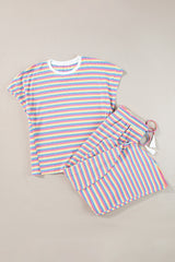 Black Stripe Rainbow Tee and Tassel Drawstring Wide Leg Pants Set