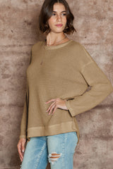 Khaki Plain Waffle Knit Drop Sleeve Side Slits Oversized Top