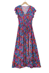 Blue Boho Floral Print V Neck Wrap Split Maxi Dress