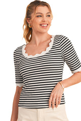 Black Striped Contrast Scallop Trim Half Sleeve T-shirt