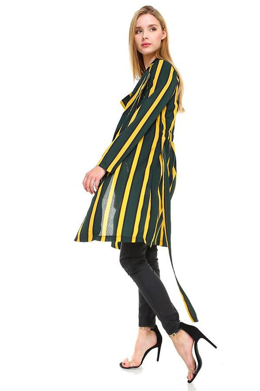 Trench Coat Multi Stripe Long Line Belted Jacket