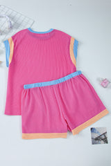 Bright Pink Ribbed Colorblock Plus Shorts Set