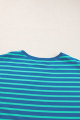 Blue Stripe Patchwork Slits Baggy T Shirt