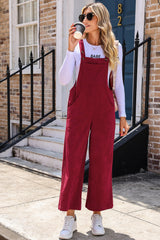 Red Corduroy Side Pockets Wide Leg Overall