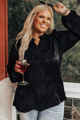 Black Plus Size Leopard Print Frill Notch V Neck Blouse