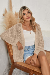 Black Hollow Out Crochet Knit Drop Shoulder Open Front Cardigan