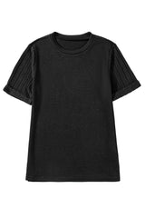 Gray Ribbed Splicing Short Sleeve Round Neck T-shirt