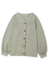 Green Exposed Seam Button Front Waffle Knit Cardigan