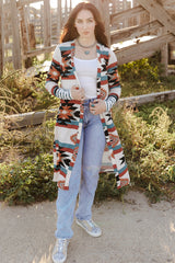 Multicolor Striped Cuffs Geometric Print Color Block Long Cardigan