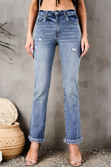 Blue Raw Hem High Waist Straight Leg Jeans