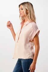 Silk Short Sleeve V Neck Blouse Top