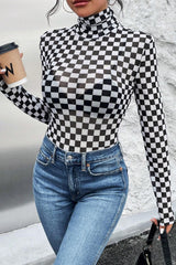 Black Checkered Print Long Sleeve Mock Neck Bodysuit