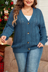 Real Teal Hollow Knit V Neck Button Front Plus Size Cardigan