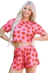 Rose Floral Print Crop Tee and Slits Shorts Pajama Set