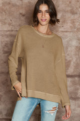 Khaki Plain Waffle Knit Drop Sleeve Side Slits Oversized Top