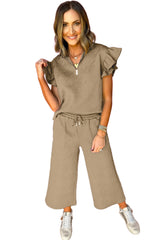 Khaki Textured Ruffle Cap Sleeve Top and Wide Leg Pants Set