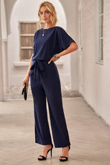 Dark Blue Solid Color Casual Belted Wide Leg Jumpsuit