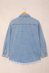 Sky Blue Pocket Raw Hem Buttoned Denim Jacket