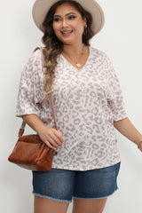 Brown Leopard Print Exposed Stitching V Neck Plus Size T Shirt