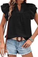 Black Basic Textured V Neck Tiered Ruffle Sleeve Blouse