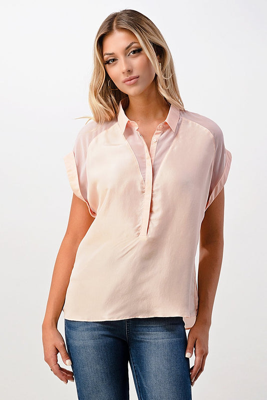 Silk Short Sleeve V Neck Blouse Top