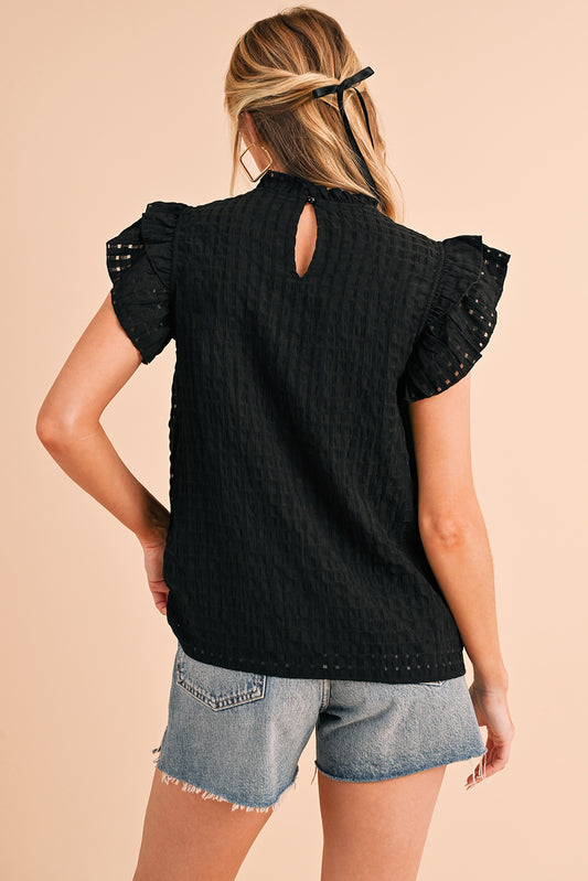 Black Frilled Neck Ruffle Textured Blouse