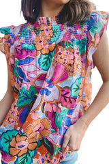 Multicolor Floral Print Ruffle Sleeveless Smocked Blouse