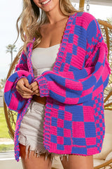 Orchid Petal Colorblock Checked Open Front Knitted Cardigan