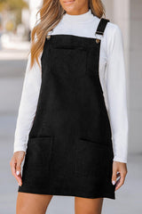 Black Plain Corduroy Pockets Overall Dress