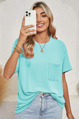 Turquoise Crinkle Rib Knit Pocketed Loose Fit Crew Neck T Shirt