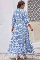 Sky Blue Ethnic Geometric Print Notch Neck Plus Size Maxi Dress