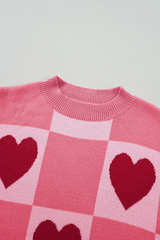 Pink Plus Size Heart Colorblock Mock Neck Lantern Sleeve Sweater