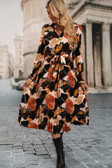 Multicolor Floral Print Waist Tie Pleated Midi Shirt Dress